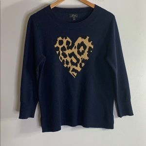 J crew cashmere navy leopard heart sweater